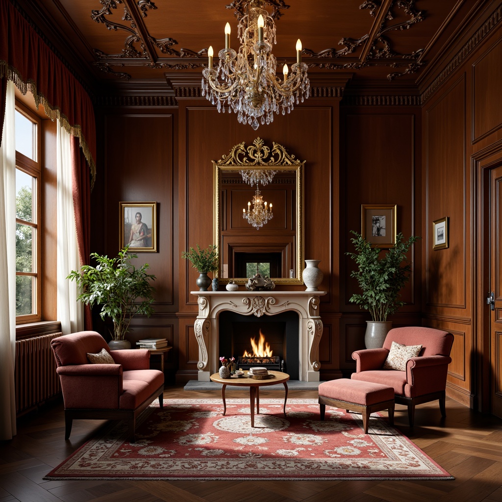 Prompt: Elegant classic interior, ornate wooden furniture, luxurious velvet upholstery, rich mahogany wood tones, intricate carvings, subtle gold accents, refined crystal chandeliers, plush area rugs, soft warm lighting, shallow depth of field, 3/4 composition, realistic textures, ambient occlusion.