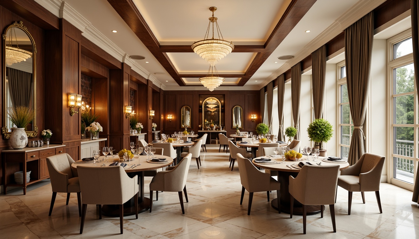 Prompt: Elegant dining room, luxurious wooden furniture, velvet upholstery, crystal chandeliers, floor-to-ceiling windows, marble flooring, sophisticated table settings, ornate mirrors, lavish curtains, ambient warm lighting, shallow depth of field, 3/4 composition, realistic textures, rich wood tones, creamy whites, soft golden accents, modern minimalist lines, Scandinavian-inspired simplicity.