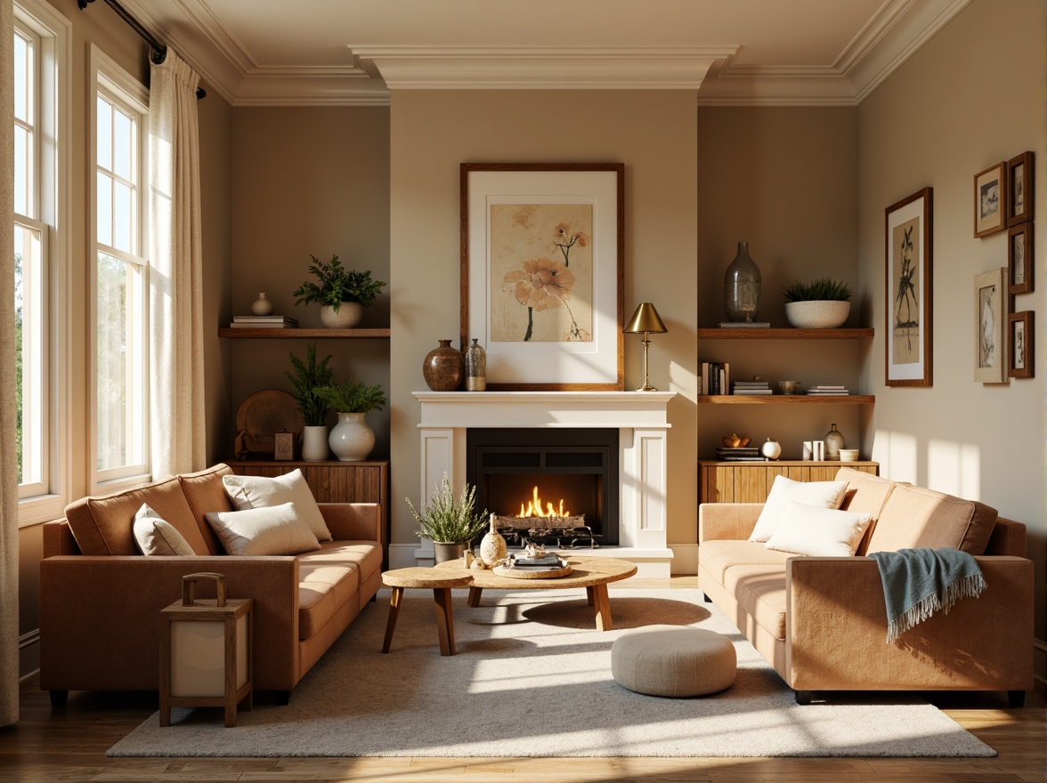 Prompt: Cozy living room, warm beige walls, rich walnut wood furniture, plush velvet sofas, soft golden lighting, comfortable earthy tones, natural stone flooring, minimalist decorative accents, calming atmosphere, relaxing ambiance, serene color scheme, pastel shades, creamy whites, soothing blues, gentle greens, subtle texture contrast, 1/2 composition, soft focus, warm glow.