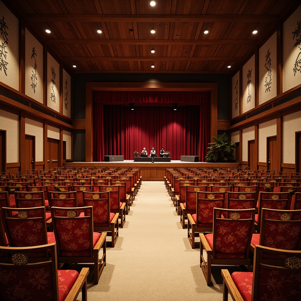 Prompt: Traditional Asian-style auditorium, intricately carved wooden seats, rich red velvet upholstery, ornate golden accents, subtle lighting, serene ambiance, raised platform stage, delicate cherry blossom patterns, natural wood tones, elegant curved lines, minimalist decor, spacious aisles, comfortable cushioning, warm beige carpeting, soft box seating, intimate atmosphere, precise sound engineering, dramatic spotlights, 1/2 composition, shallow depth of field, realistic textures, ambient occlusion.