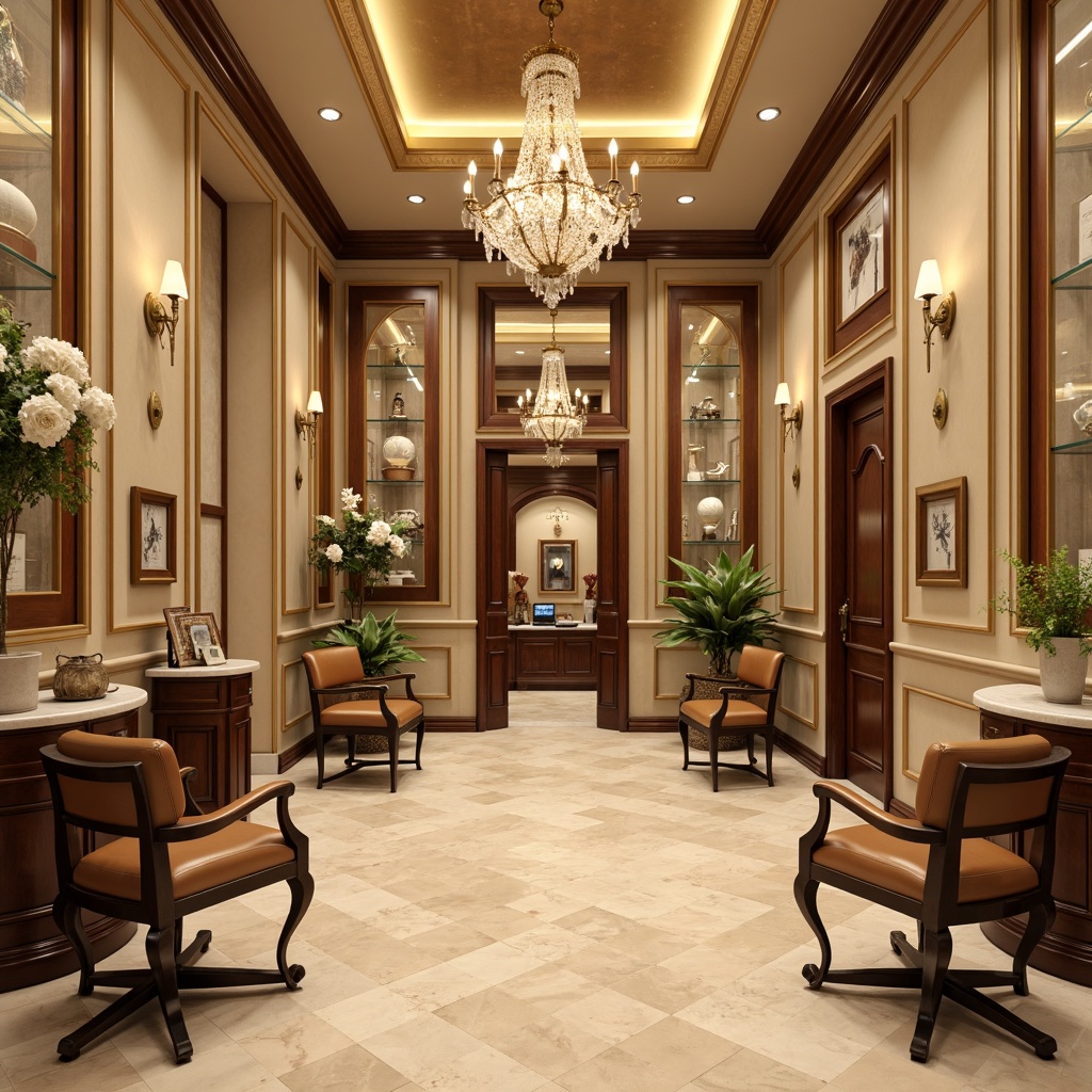 Prompt: Elegant dental clinic, classicism style, warm beige walls, rich wood accents, ornate moldings, crystal chandeliers, soft warm lighting, creamy marble floors, comfortable leather chairs, antique furniture pieces, vintage medical equipment displays, subtle warm color palette, 1/1 composition, shallow depth of field, realistic textures, ambient occlusion.