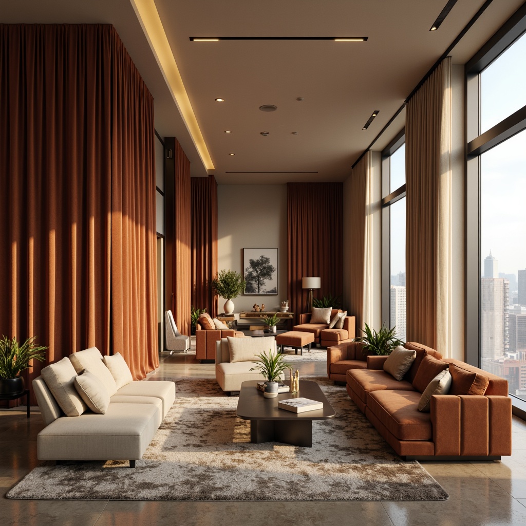 Prompt: Rich velvet fabrics, warm beige walls, soft cream accents, dark wood furniture, metallic gold hardware, natural stone flooring, subtle texture contrasts, cozy atmospheric lighting, intimate seating areas, comfortable plush rugs, earthy terracotta tones, sophisticated monochromatic scheme, calm soothing ambiance, modern minimalist aesthetic, large windows with city views, bright airy feel, 1/1 composition, softbox lighting, realistic reflections.