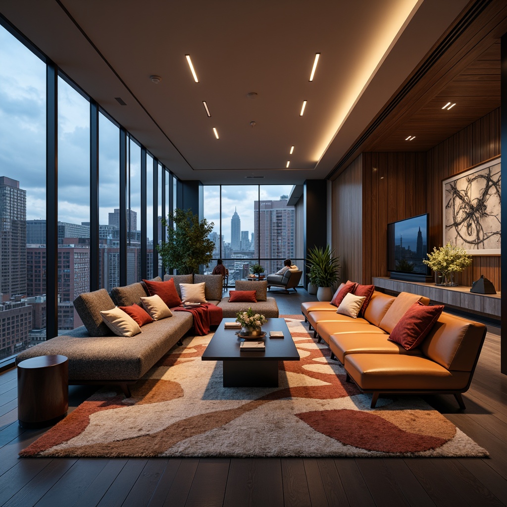 Prompt: Streamlined modern living room, minimalist decor, sleek low-profile furniture, curved lines, polished metal accents, bold color blocking, geometric patterns, luxurious fabrics, ambient LED lighting, floor-to-ceiling windows, urban cityscape views, 1/1 composition, shallow depth of field, soft warm glow, realistic textures, subtle shadows.