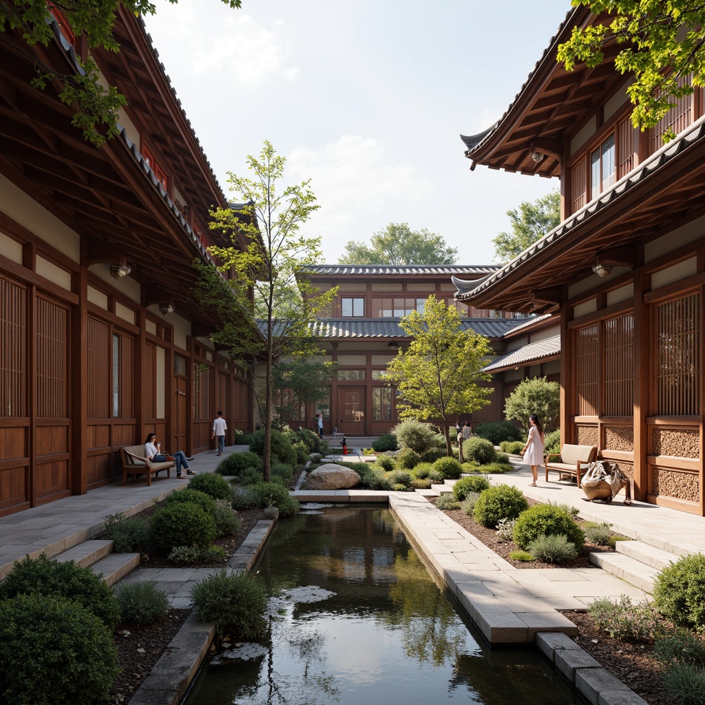 Prompt: Traditional Asian-style campus buildings, intricately carved wooden doors, pagoda-inspired roofs, serene courtyard gardens, bonsai trees, tranquil koi ponds, natural stone walkways, lantern-style lighting, vibrant red accents, elegant cherry blossom motifs, minimalist furniture, sliding shoji screens, tatami mats, warm wood tones, subtle aromas of incense, soft diffused lighting, 1/1 composition, intimate atmosphere, realistic textures, ambient occlusion.