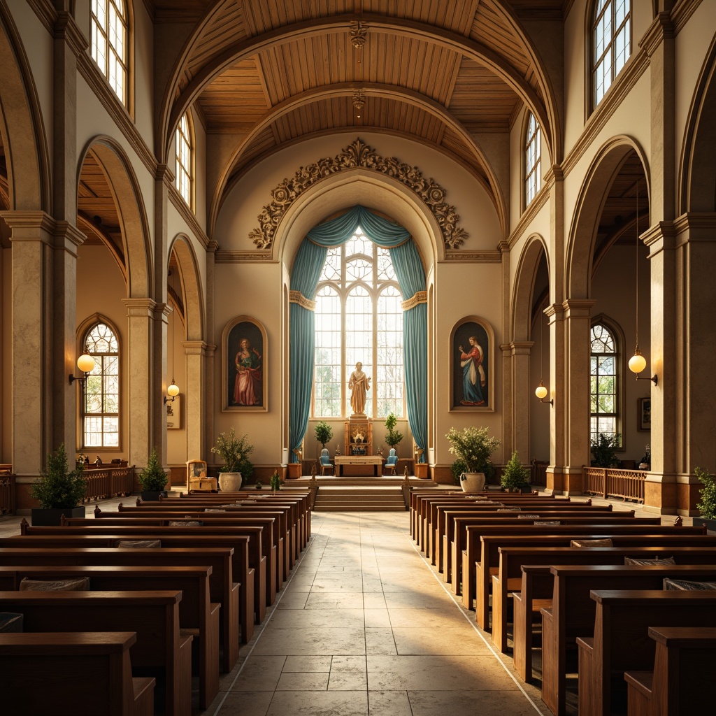 Prompt: Serene worship space, warm beige walls, soft golden lighting, elegant wooden pews, majestic vaulted ceilings, stunning stained glass windows, intricate stone carvings, ornate religious symbols, lavish velvet drapes, calming blue accents, rich wood tones, subtle texture overlays, atmospheric misting effects, realistic fresco details, subtle gradient mappings.