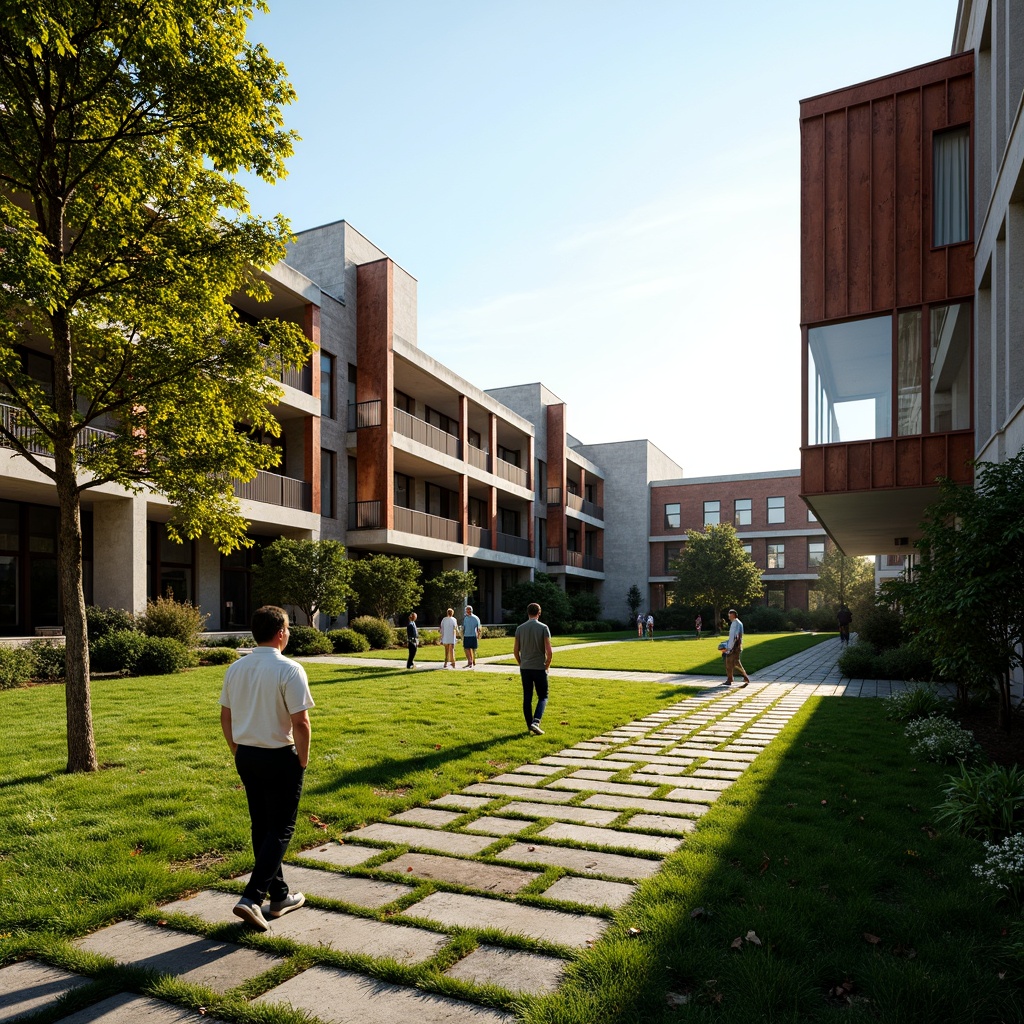 Prompt: Vibrant university campus, lush green lawns, weathered stone pathways, modern brutalist architecture, bold concrete structures, rusty metal accents, sleek glass facades, natural wood tones, eclectic mix of textures, dramatic lighting contrasts, warm afternoon sunlight, deep shadows, 1/2 composition, cinematic framing, high-contrast color palette, realistic material rendering.