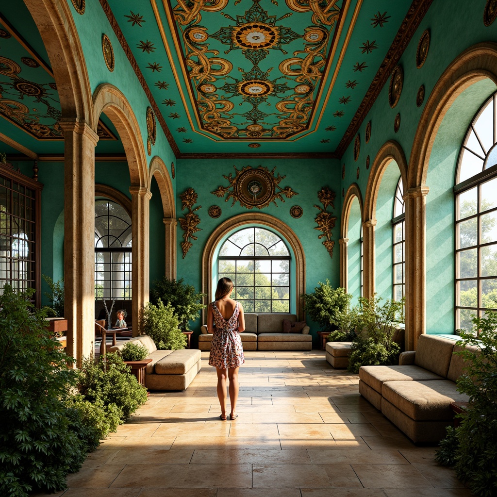 Prompt: Vibrant turquoise walls, ornate golden accents, rich emerald greenery, flowing curvilinear lines, intricate floral patterns, stained glass windows, warm beige stone columns, ornamental metalwork, whimsical illustrations, eclectic mix of textures, soft warm lighting, shallow depth of field, 3/4 composition, panoramic view, realistic renderings, ambient occlusion.