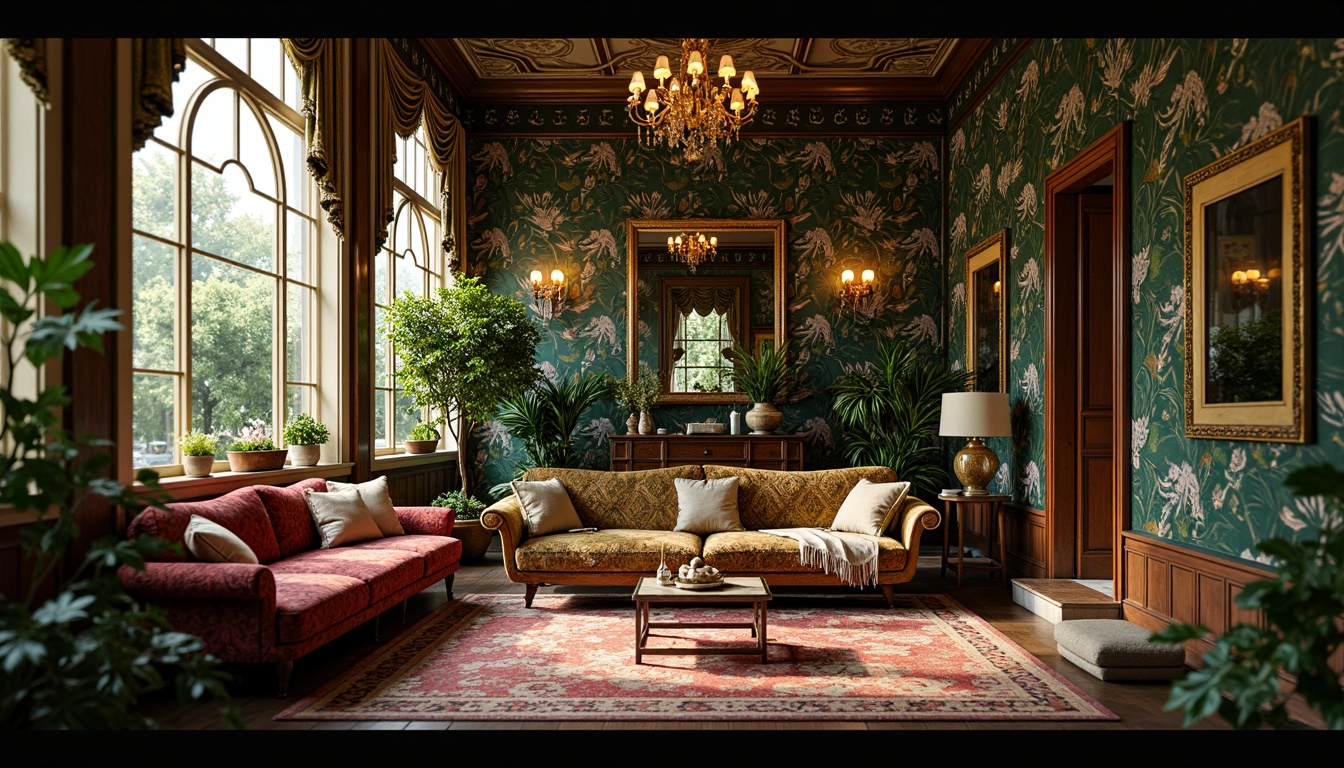 Prompt: Opulent Art Nouveau interior, lush botanical patterns, flowing organic shapes, velvet fabrics, intricate embroidery, beaded lace, metallic threads, iridescent colors, sinuous lines, whiplash curves, floral motifs, peacock feathers, ornate mirrors, gilded frames, carved wood paneling, stately furniture, lavish drapery, diffused warm lighting, shallow depth of field, 2/3 composition, intimate atmosphere.