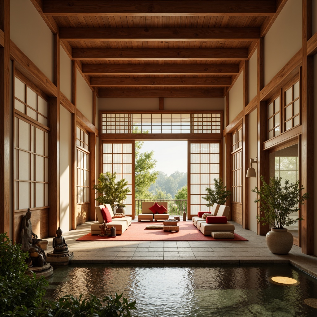 Prompt: Traditional Japanese sliding doors, natural wood tones, warm beige walls, rich silk fabrics, vibrant red accents, subtle gold patterns, delicate cherry blossom motifs, soft cream-colored ceramics, intricate bamboo carvings, elegant Shoji screens, peaceful Buddha statues, serene natural stone floors, calming water features, lush greenery, warm softbox lighting, shallow depth of field, 3/4 composition, realistic textures, ambient occlusion.