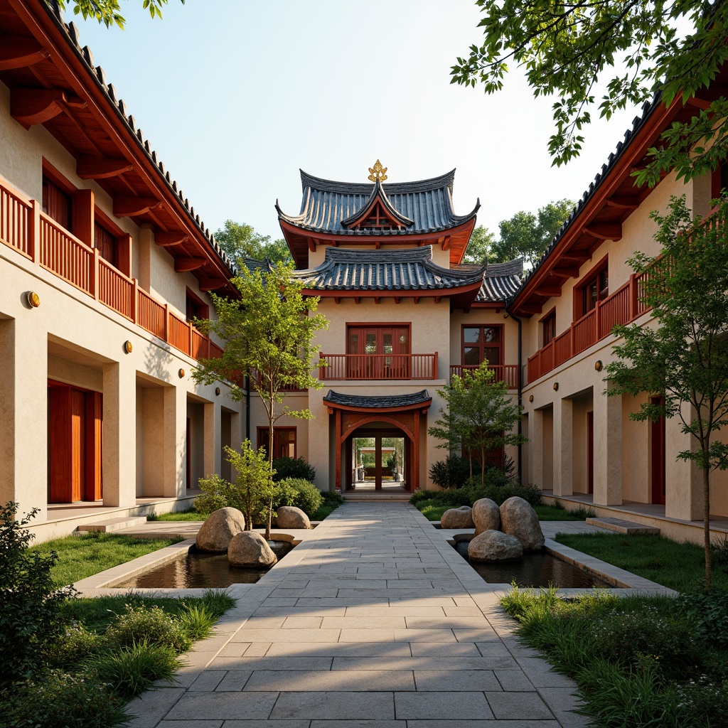 Prompt: Vibrant Asian-inspired school building, traditional pagoda architecture, curved roofs, ornate wooden doors, intricate carvings, warm beige walls, rich red accents, bold gold trimmings, lush greenery, bamboo plants, serene water features, natural stone pathways, soft warm lighting, shallow depth of field, 3/4 composition, panoramic view, realistic textures, ambient occlusion.Please let me know if this meets your requirements!