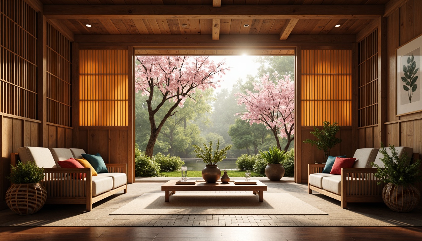 Prompt: Vibrant silk fabrics, rich wood tones, subtle cherry blossom hues, soft misty greens, warm golden lighting, elegant sliding screens, minimalist furniture, natural stone floors, woven bamboo accents, delicate paper lanterns, intricate ceramic vases, serene water features, lush greenery, subtle fragrance, soft focus, 1/1 composition, warm atmospheric lighting, realistic textures.