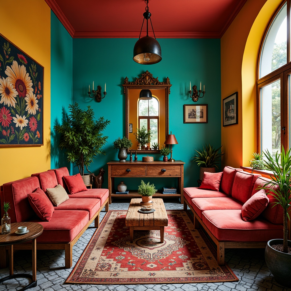 Prompt: Vibrant eclectic interior, rich turquoise walls, bold coral accents, distressed wooden furniture, plush velvet upholstery, ornate metal fixtures, vintage Moroccan tiles, eclectic patterned rugs, lush greenery, natural light pouring in, warm golden lighting, shallow depth of field, 1/1 composition, realistic textures, ambient occlusion.