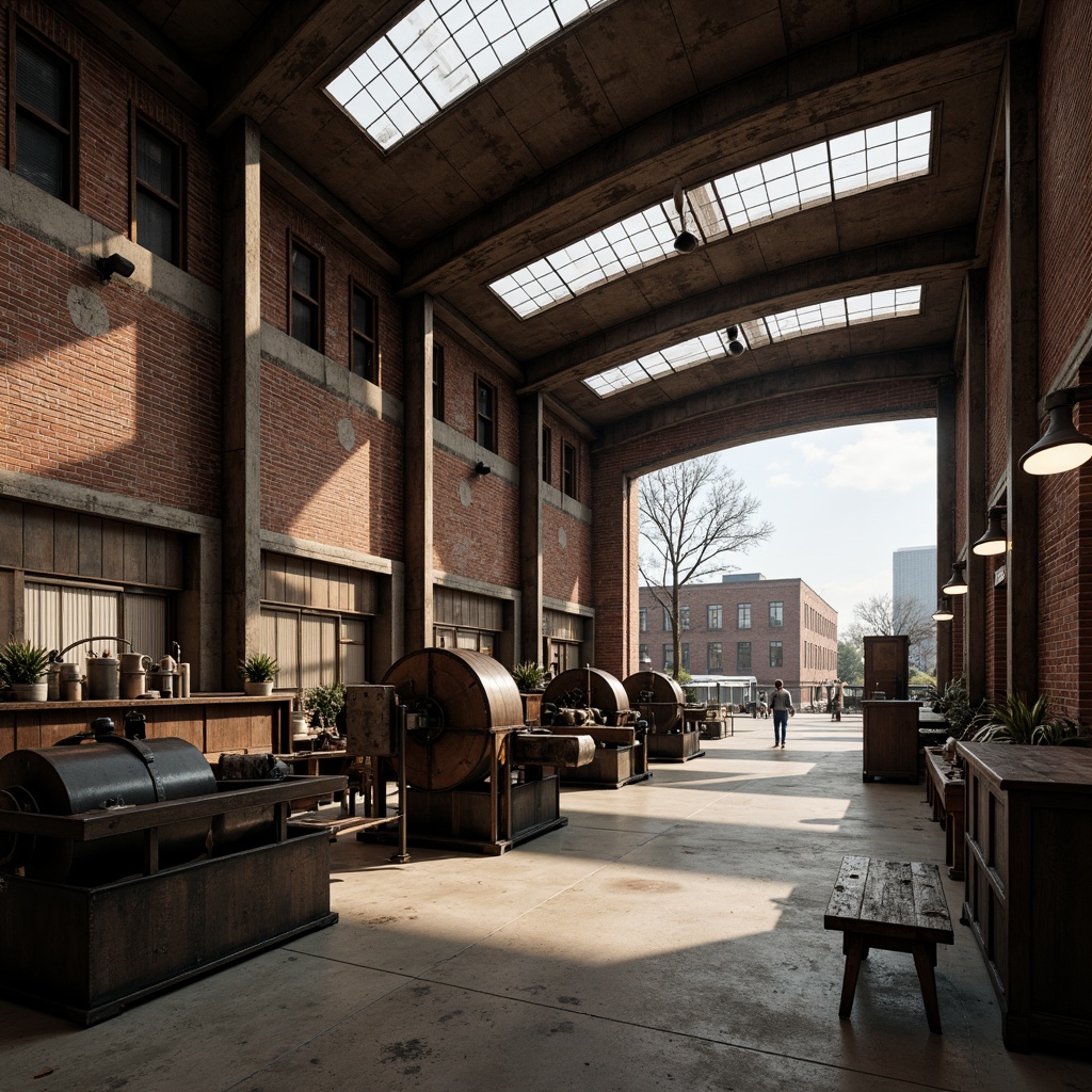 Prompt: Rustic factory setting, exposed brick walls, metal beams, reclaimed wood accents, industrial-style lighting fixtures, concrete floors, distressed finishes, urban landscape views, abandoned machinery, old manufacturing equipment, metallic textures, gritty atmosphere, high contrast lighting, dramatic shadows, 1/2 composition, cinematic mood, realistic render.