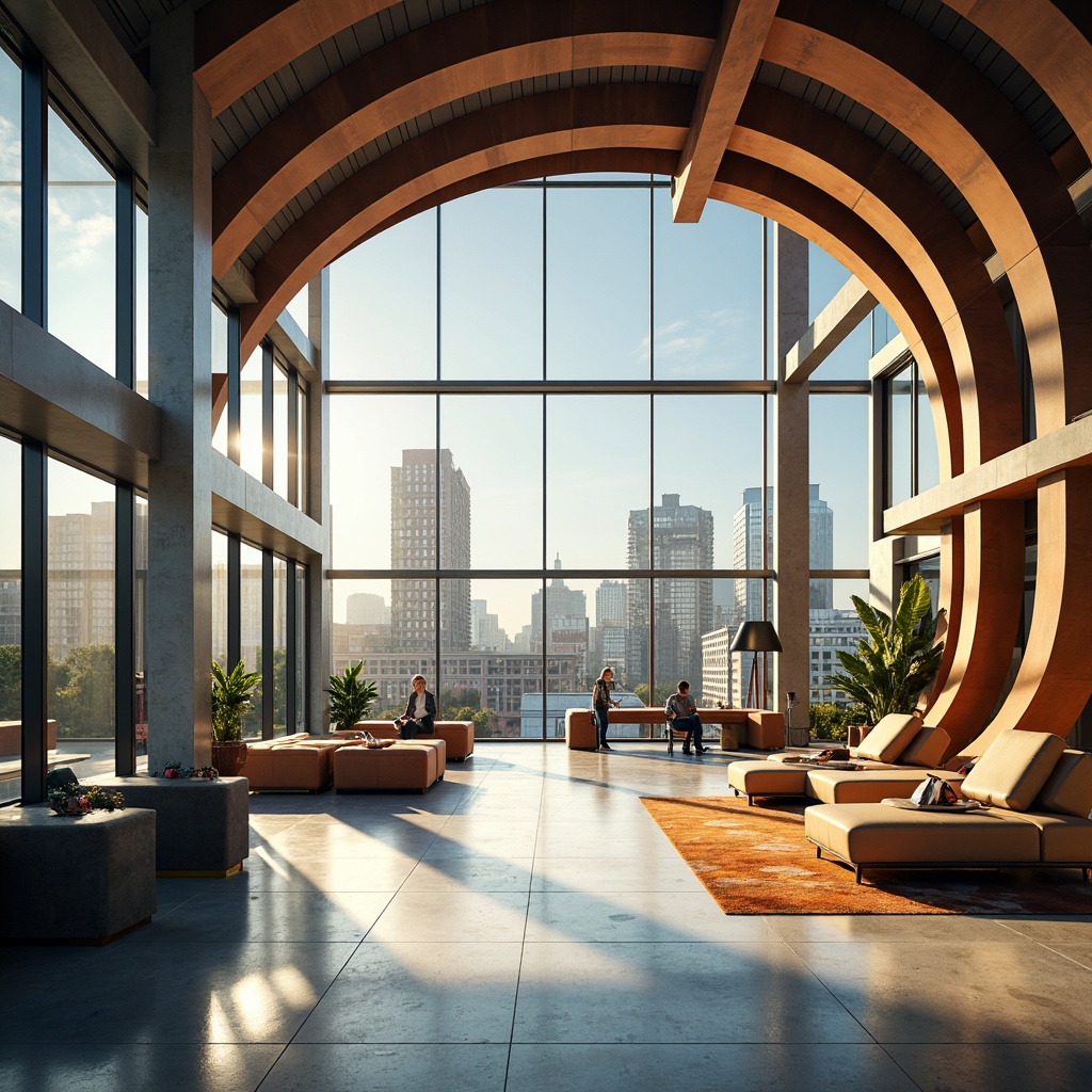 Prompt: Curved lines, minimalist decor, open floor plans, flowing spaces, natural light pouring in, sleek metal accents, polished concrete floors, geometric patterns, vibrant color schemes, airy atmosphere, urban landscape views, city skyline, morning sunlight, shallow depth of field, 3/4 composition, panoramic view, realistic textures, ambient occlusion.