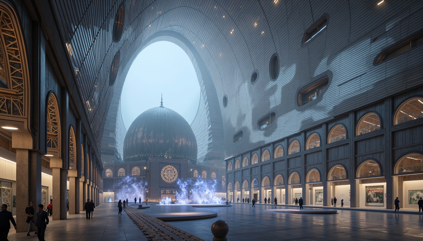 Prompt: Futuristic mosque, sweeping curves, gleaming metallic surfaces, iridescent domes, intricate geometric patterns, ornate minarets, grandiose entranceways, expansive prayer halls, atmospheric lighting, soft misty ambiance, 3/4 composition, low-angle shot, cinematic depth of field, realistic reflections, ambient occlusion, futuristic architectural details, holographic projections, levitating elements, ethereal aura, mystical ambiance, sacred geometries, cosmic inspirations.