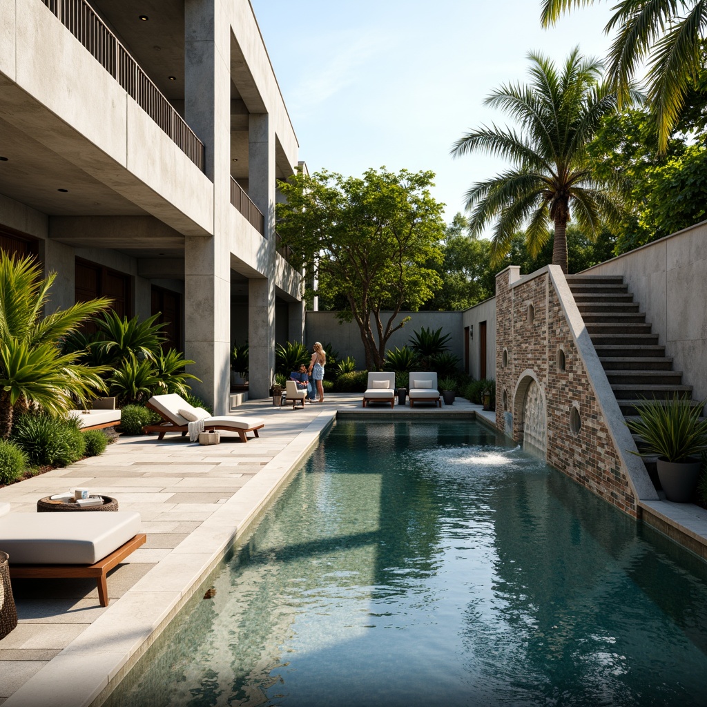 Prompt: Luxurious poolside area, natural stone paving, textured concrete walls, mosaic tile accents, sparkling water features, modern outdoor furniture, vibrant tropical plants, sunny afternoon, warm ambient lighting, shallow depth of field, 1/2 composition, realistic reflections, subtle ripples, intricate stonework, waterline tiles, decorative fountains, serene atmosphere.