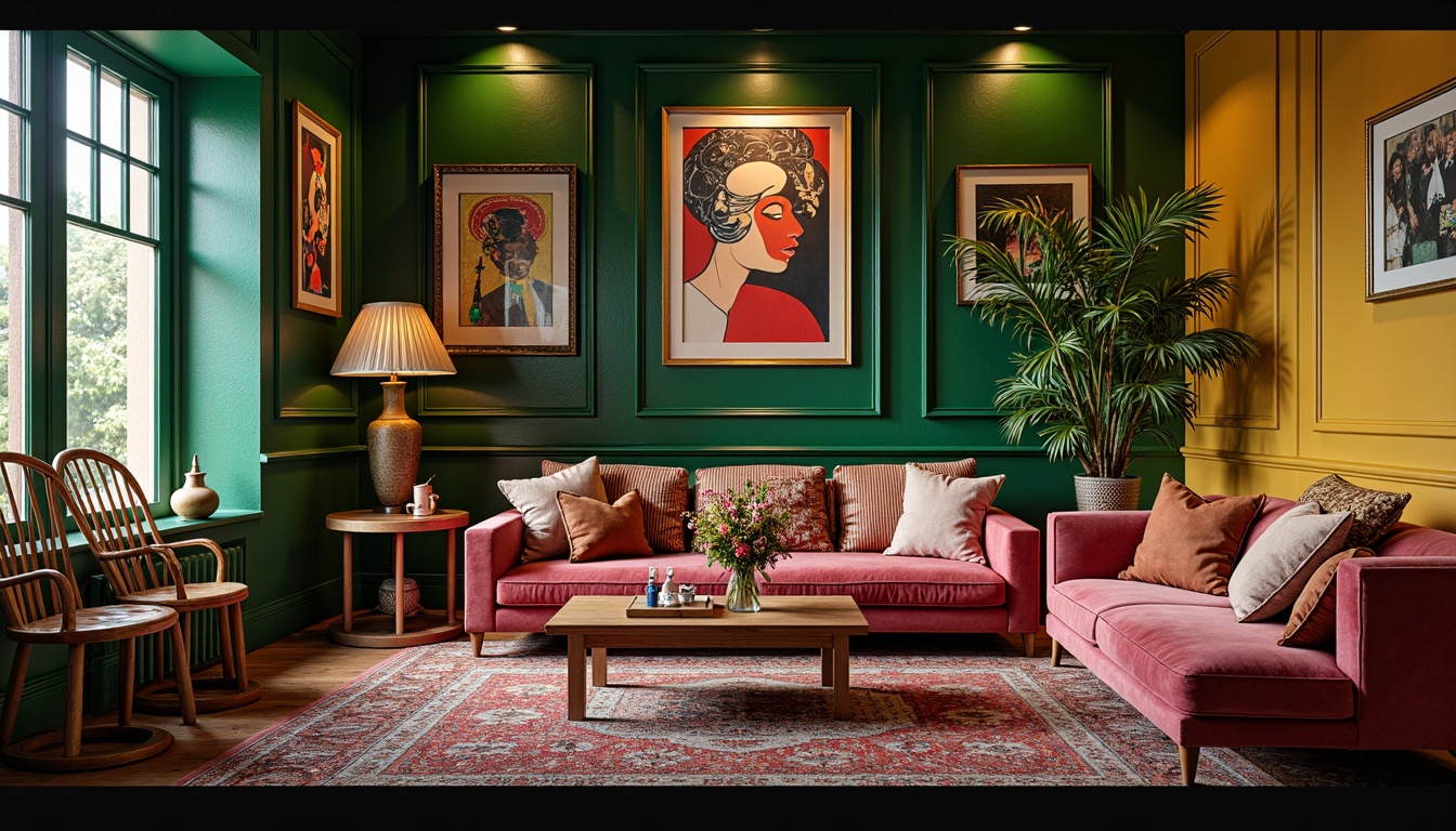 Prompt: Vibrant eclectic interior, bold artwork, mixed patterns, distressed wood accents, ornate metal fixtures, plush velvet furniture, rich jewel tones, emerald green walls, golden yellow accents, deep crimson reds, soft blush pinks, natural linen whites, warm candle lighting, shallow depth of field, 1/1 composition, realistic textures, ambient occlusion.