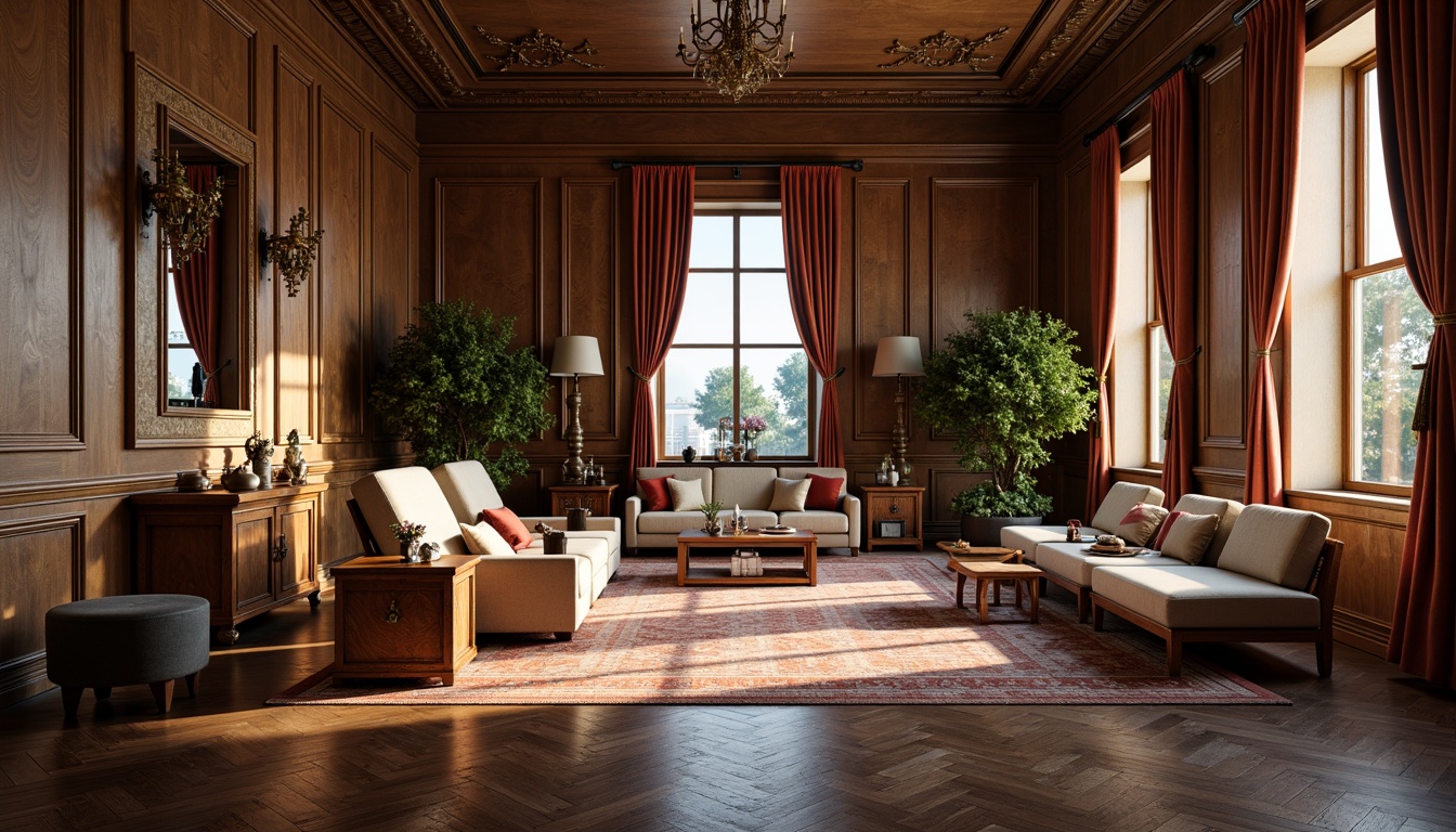 Prompt: Elegant classic interior, rich hardwood floors, dark walnut planks, ornate moldings, luxurious area rugs, vintage furniture pieces, refined textiles, soft warm lighting, high ceilings, large windows, intricate patterns, sophisticated color palette, traditional architectural details, ornamental fixtures, marble inlays, herringbone parquet, 1/1 composition, realistic reflections, ambient occlusion.