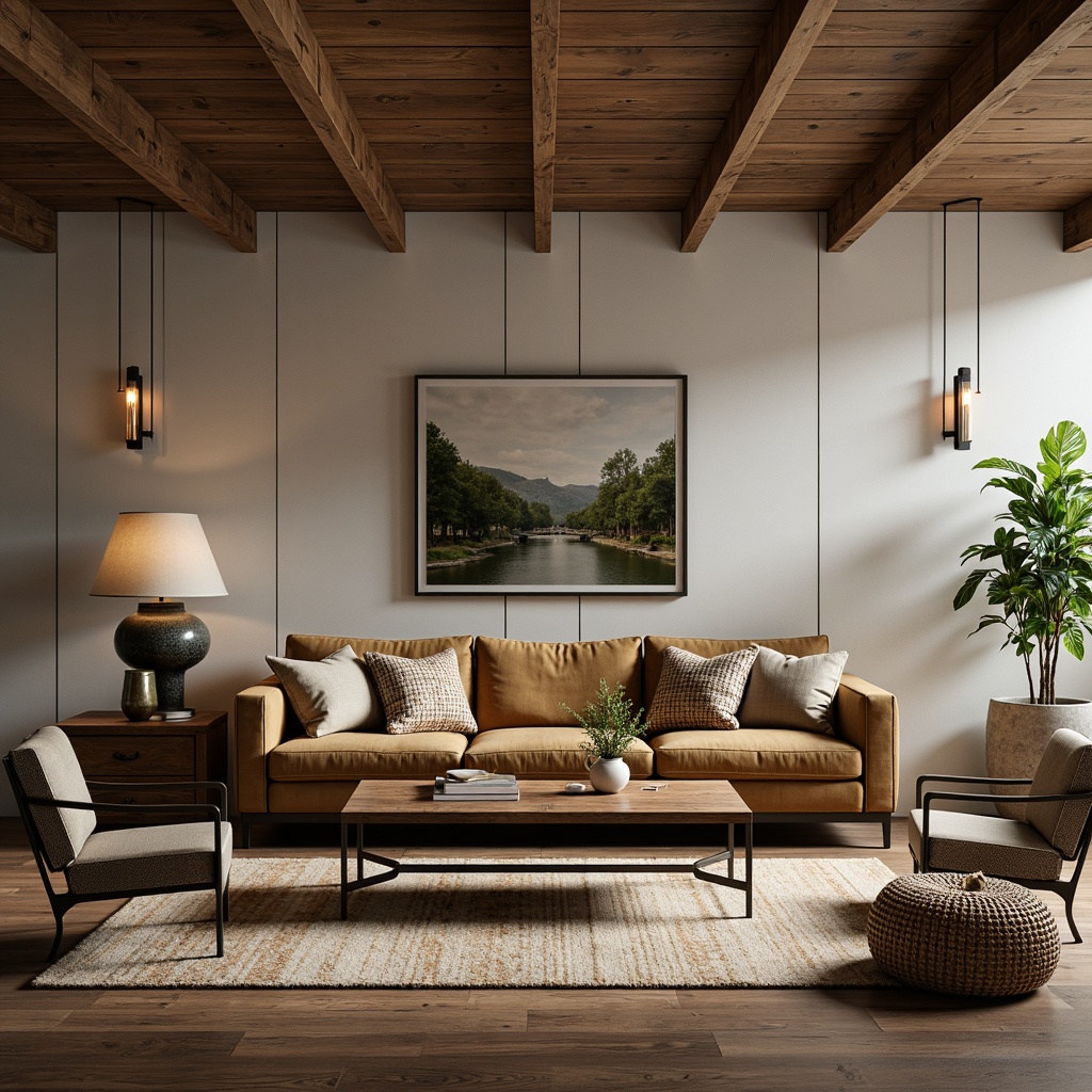 Prompt: Mid-century modern living room, plush velvet sofa, reclaimed wooden coffee table, industrial metal chairs, vintage rug, natural fiber upholstery, earthy tone color palette, soft warm lighting, 1/1 composition, realistic textures, ambient occlusion, elegant floor lamps, decorative wall art, cozy throw blankets, potted green plants.