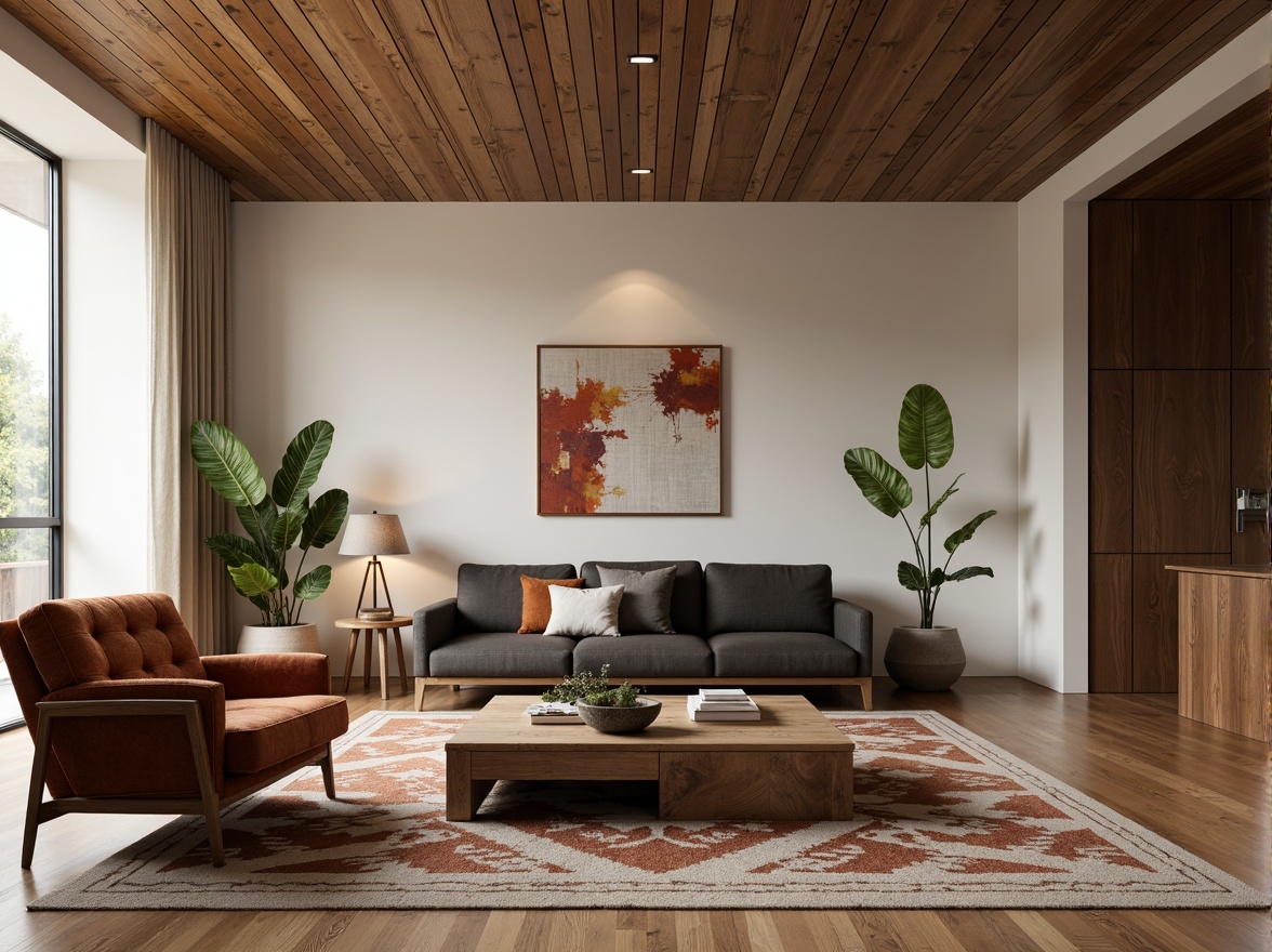 Prompt: Mid-century modern living room, sleek low-profile sofa, tufted velvet armchair, reclaimed wood coffee table, minimalist metal floor lamp, abstract artwork, geometric patterned rug, rich walnut wood accents, soft golden lighting, shallow depth of field, 1/1 composition, realistic textures, ambient occlusion.