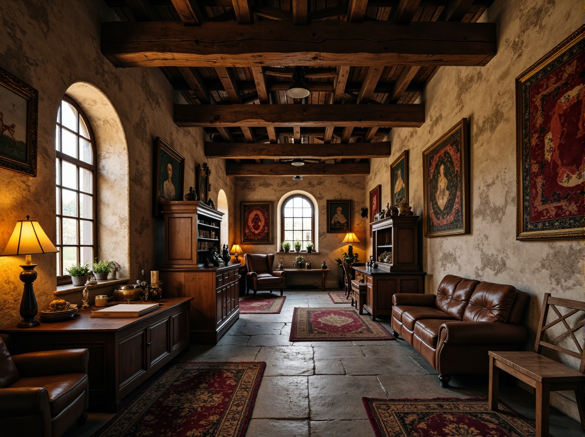 Prompt: Distressed monastery walls, rustic wooden beams, vintage tapestries, faded velvet fabrics, ornate gold accents, soft candlelight, eerie silence, mysterious atmosphere, worn stone floors, aged leather-bound books, distressed wood furniture, shabby-chic decor, eclectic artifacts, richly patterned rugs, warm earthy tones, subtle texture overlays, realistic ambient occlusion, 1/1 composition, intimate close-up shots, warm golden lighting.