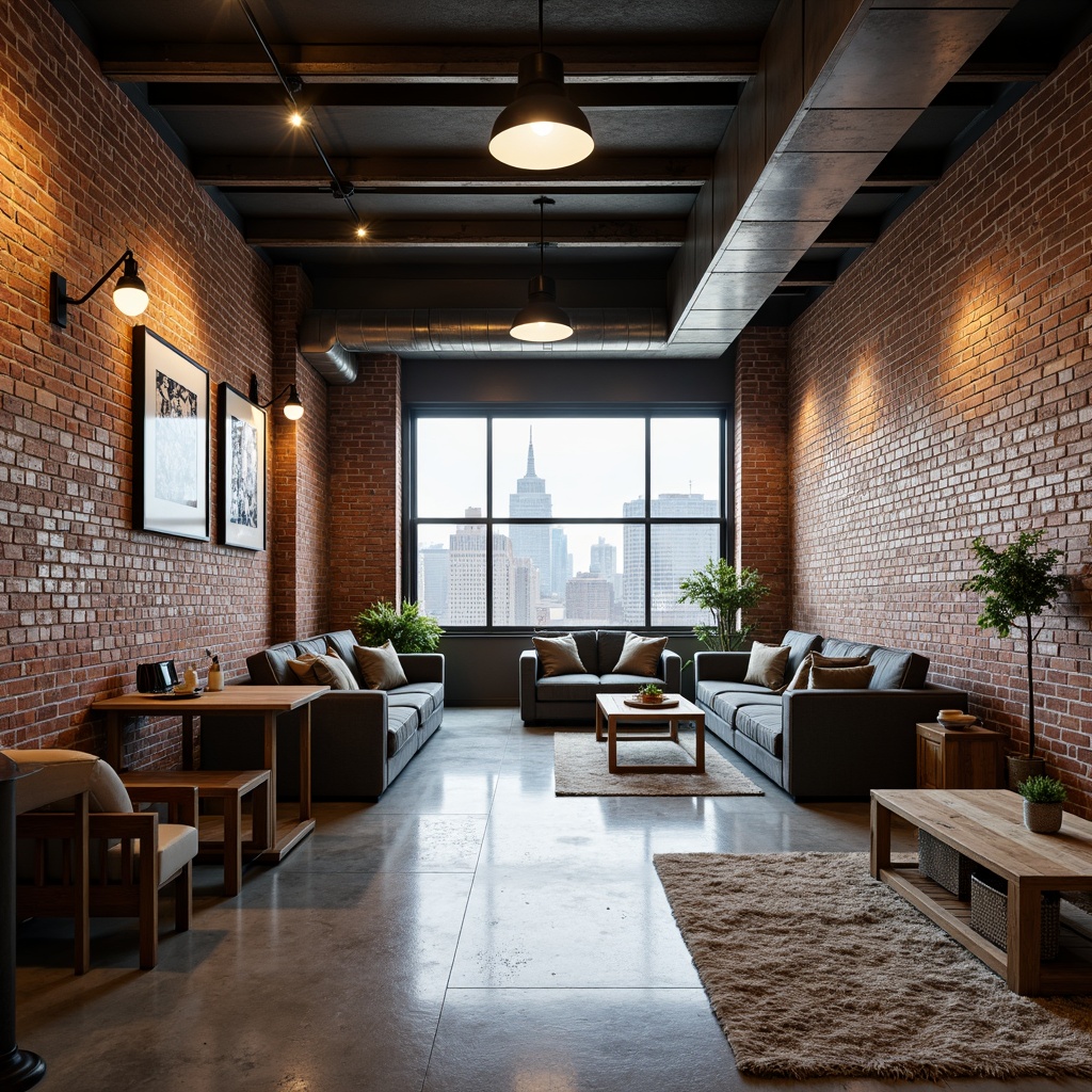 Prompt: Exposed brick walls, industrial-style lighting fixtures, metal beams, reclaimed wood accents, urban loft atmosphere, concrete floors, distressed textures, gritty urban landscape, cityscape views, modern minimalist decor, functional pipes, metallic tones, utilitarian furniture, open-plan layout, natural ventilation, abundant natural light, 1/1 composition, high-contrast lighting, realistic reflections.