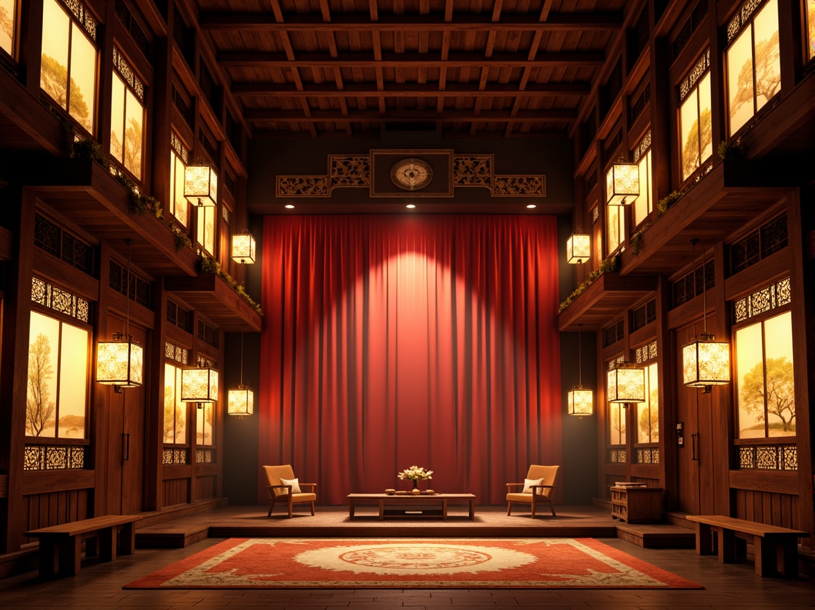 Prompt: Traditional Asian theater, ornate lanterns, warm golden lighting, rich red curtains, intricate wooden carvings, delicate paper screens, subtle shadows, soft glow, dramatic spotlights, vibrant colorful fabrics, natural textiles, bamboo accents, subtle misting effects, warm ambient temperature, 1/1 composition, cinematic camera angles, realistic renderings, atmospheric sound design.