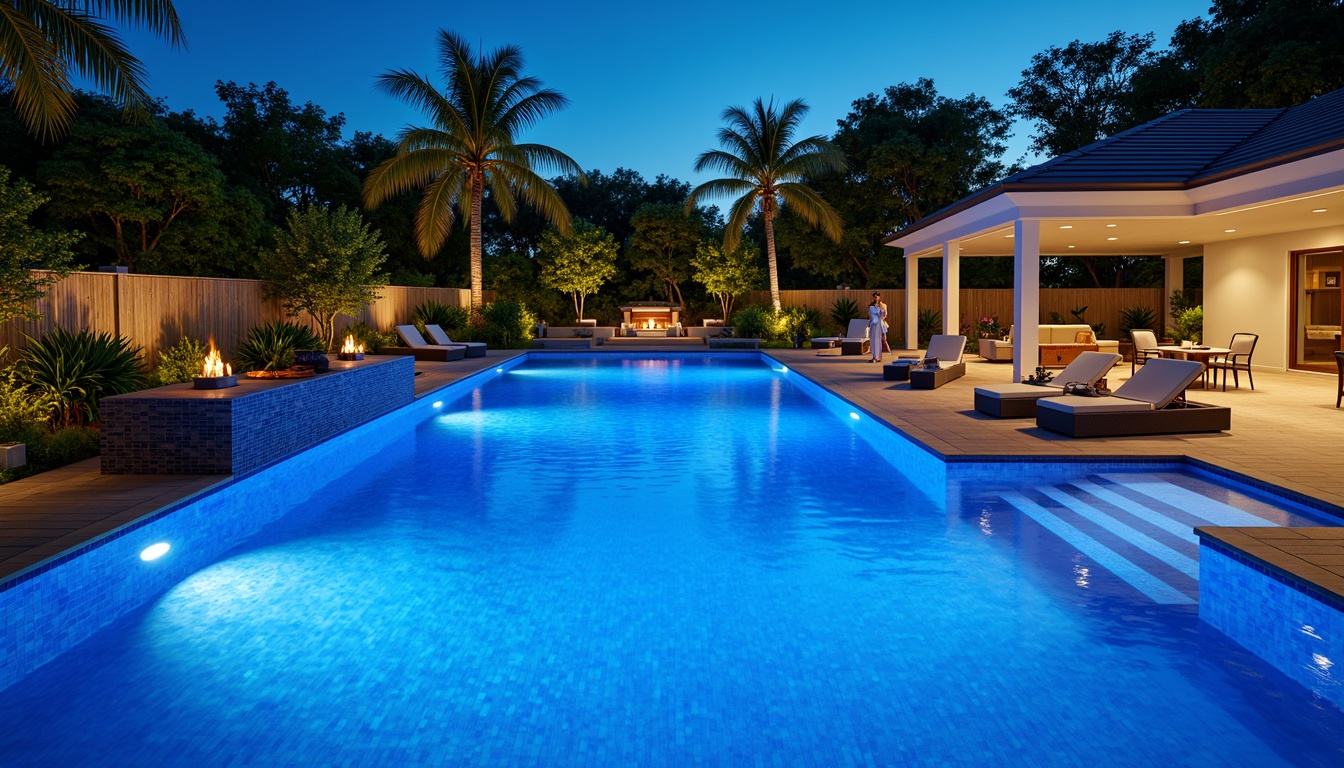 Prompt: Sparkling pool water, sun-kissed deck, modern LED lighting fixtures, bright blue hues, underwater illumination, color-changing lights, fiber-optic stars, subtle ambiance, soft warm glow, evening atmosphere, poolside lounging areas, tropical landscaping, palm trees, sunny day, clear sky, outdoor living spaces, entertaining areas, safety-focused design, energy-efficient solutions, stainless steel hardware, durable construction, waterproof ratings.