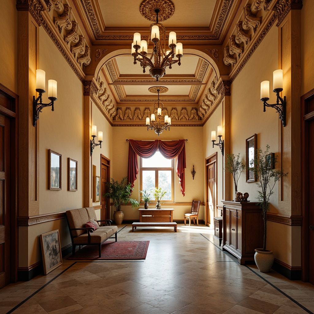 Prompt: Renaissance-style high school interior, warm beige walls, rich wood paneling, ornate ceiling details, grand chandeliers, polished marble floors, intricate stone carvings, elegant archways, decorative pilasters, classic furniture pieces, luxurious fabrics, subtle texture variations, soft warm lighting, shallow depth of field, 1/1 composition, realistic textures, ambient occlusion.