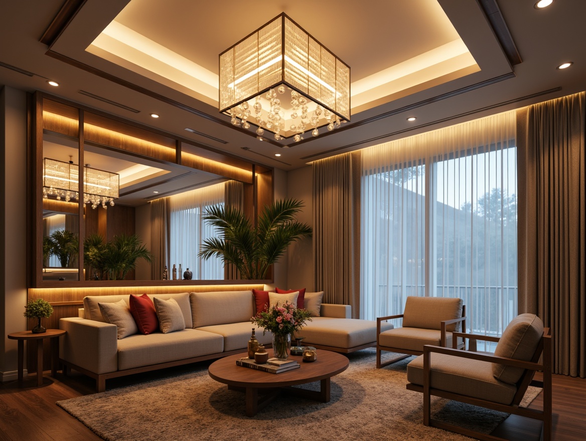 Prompt: Elegant living room, modern chandeliers, LED strip lights, warm ambient glow, cozy reading nooks, floor-to-ceiling windows, sheer curtains, minimalistic furniture, natural wood accents, plush area rugs, soft pastel colors, layered lighting effects, spotlighting artwork, cove ceiling designs, indirect illumination, subtle color temperature shifts, dramatic shadows, 1/1 composition, high-contrast ratio, cinematic mood lighting.