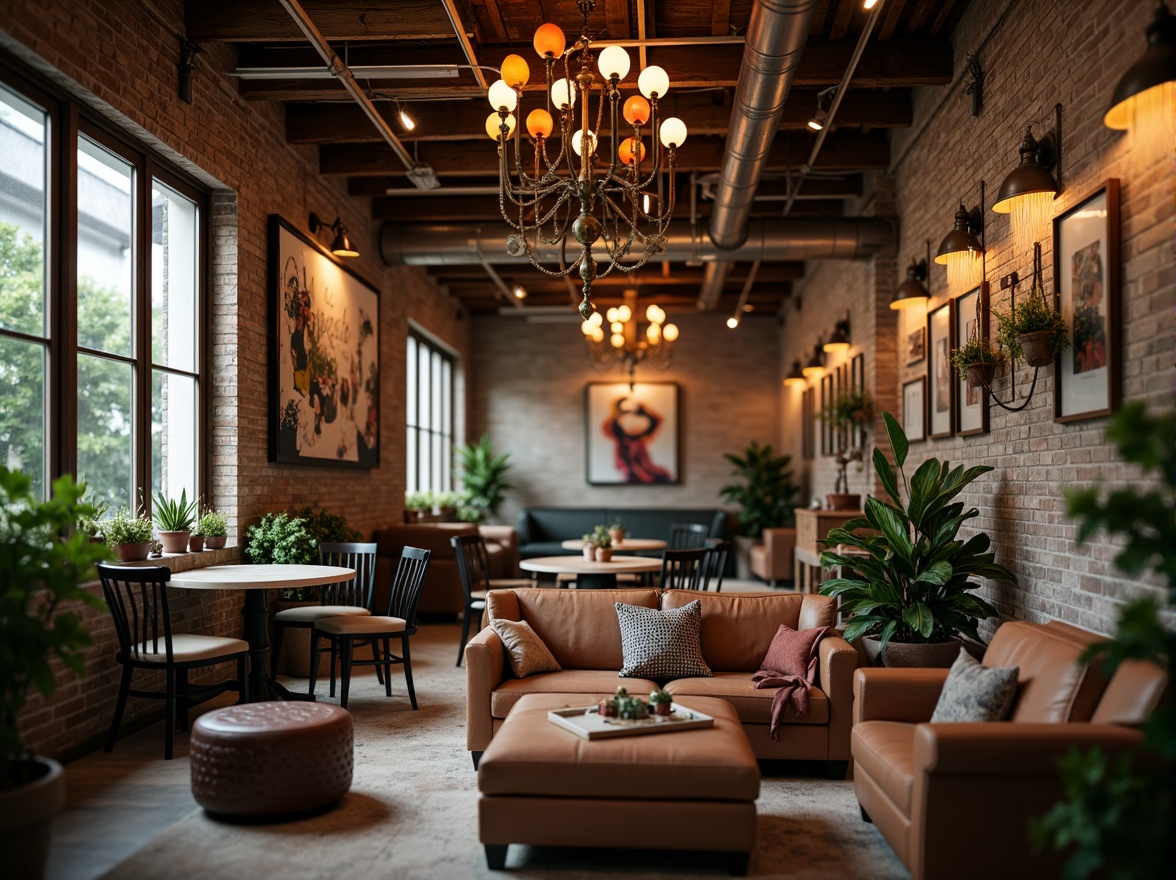 Prompt: Whimsical eclectic space, vintage ornate chandeliers, industrial metal pendant lights, colorful glass pendant lamps, unique sculptural fixtures, exposed brick walls, reclaimed wood accents, distressed leather furniture, abstract artwork, lush greenery, warm cozy atmosphere, soft warm lighting, shallow depth of field, 1/2 composition, realistic textures, ambient occlusion.