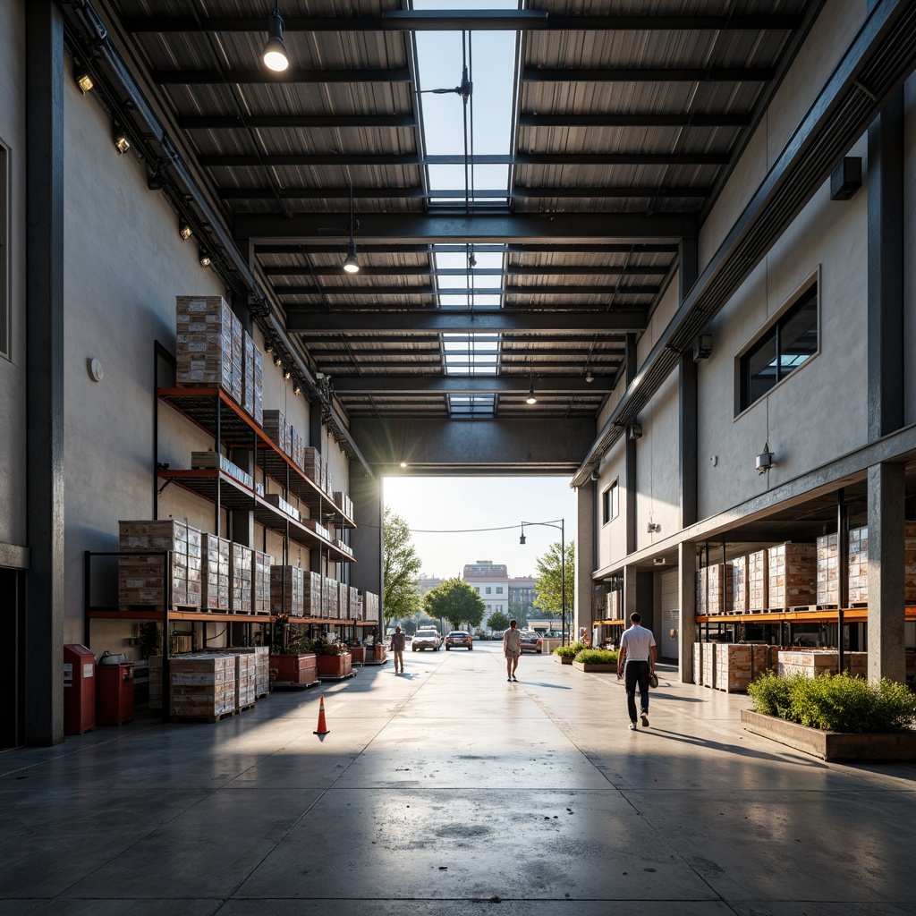 Prompt: Industrial distribution center, modern warehouse architecture, high ceilings, exposed ductwork, polished concrete floors, steel beams, functional lighting, loading docks, cargo containers, pallet racks, forklifts, inventory management systems, minimalist decor, urban landscape, busy streets, morning sunlight, shallow depth of field, 3/4 composition, realistic textures, ambient occlusion.