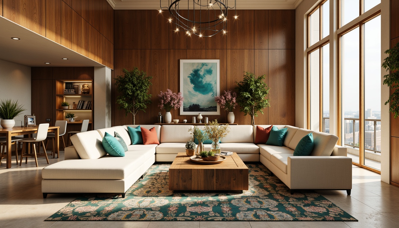 Prompt: Cozy living room, warm beige walls, rich walnut wood furniture, plush cream-colored sofas, soft golden lighting, natural stone flooring, elegant marble countertops, vibrant turquoise accents, bold patterned rugs, eclectic decorative accessories, inviting atmosphere, 3/4 composition, shallow depth of field, realistic textures, ambient occlusion.