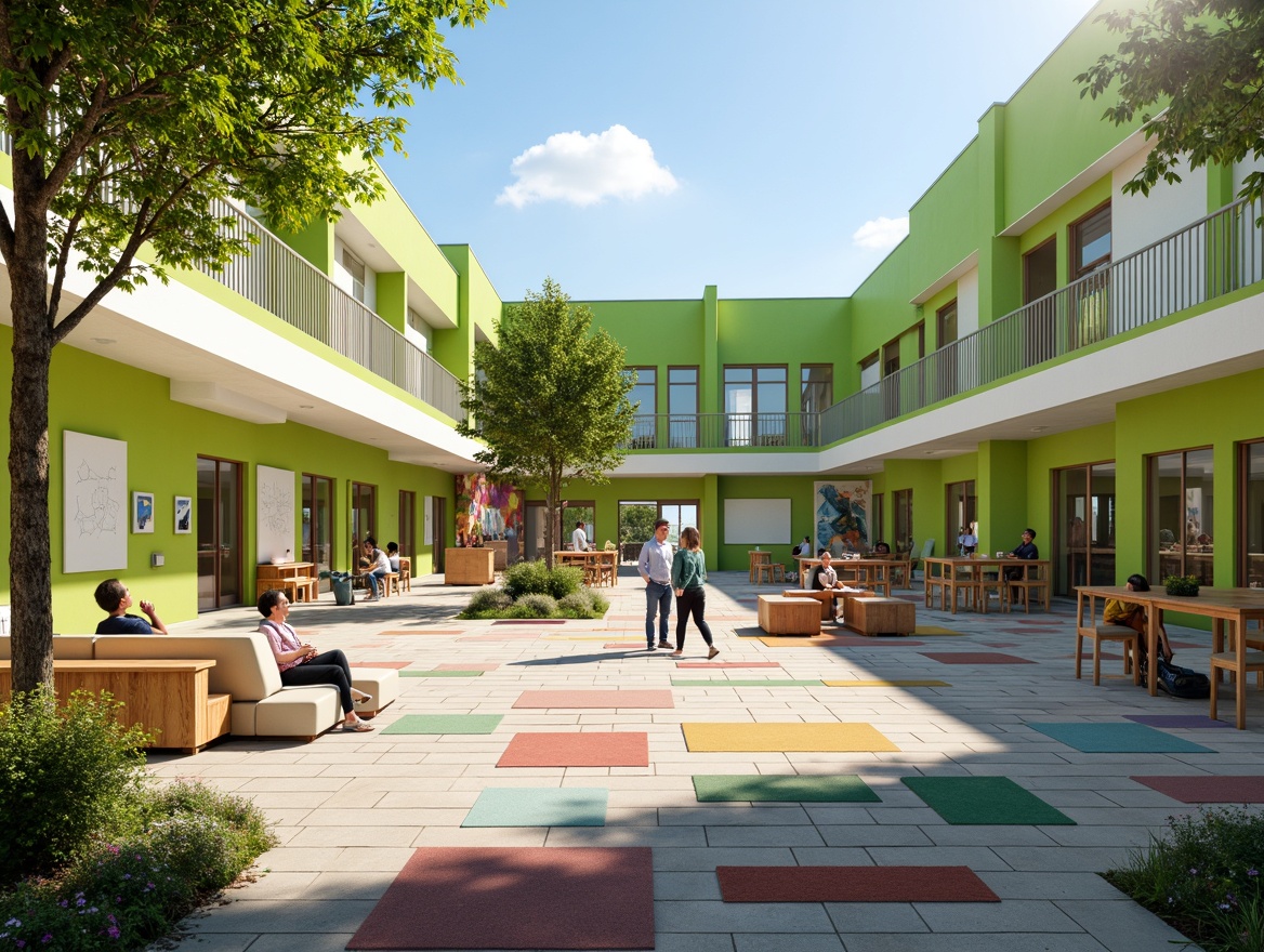 Prompt: Spacious school courtyard, vibrant green walls, airy atrium, natural light-filled classrooms, flexible seating arrangements, collaborative learning spaces, interactive whiteboards, minimal partitions, open shelves, eclectic art displays, colorful rug patterns, warm wooden accents, modern furniture designs, abundant windows, sliding glass doors, blooming outdoor gardens, sunny day, soft diffused lighting, shallow depth of field, 3/4 composition, panoramic view, realistic textures, ambient occlusion.