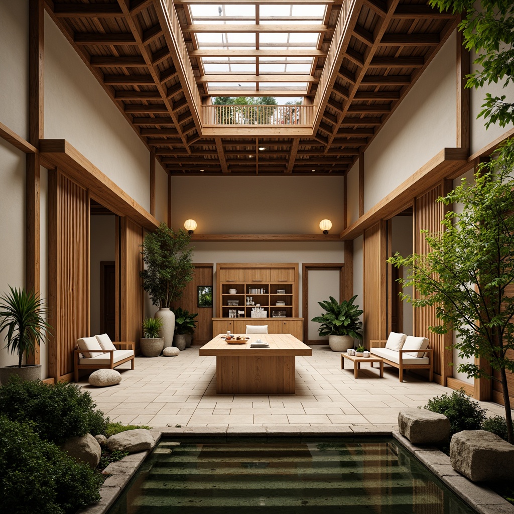 Prompt: Traditional Asian-style courthouse, intricately carved wooden accents, serene natural light, clerestory windows, bamboo flooring, paper lanterns, sliding shoji screens, minimalist decor, lush greenery, tranquil water features, koi pond, natural stone walls, Buddha statue, warm beige tones, soft diffused lighting, 1/1 composition, shallow depth of field, realistic textures, ambient occlusion.