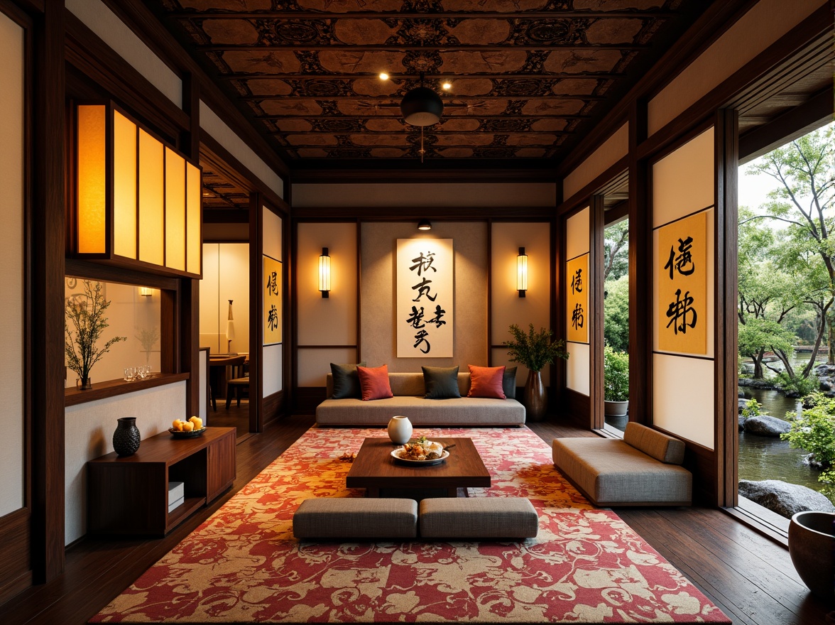 Prompt: \Intricate wooden carvings, ornate lanterns, delicate paper walls, shoji screens, sliding doors, tatami mats, low-seating furniture, vibrant silk fabrics, traditional calligraphy, hand-painted ceramics, natural stone accents, bonsai trees, serene water features, soft warm lighting, 1/1 composition, intimate atmosphere, realistic textures, ambient occlusion.\