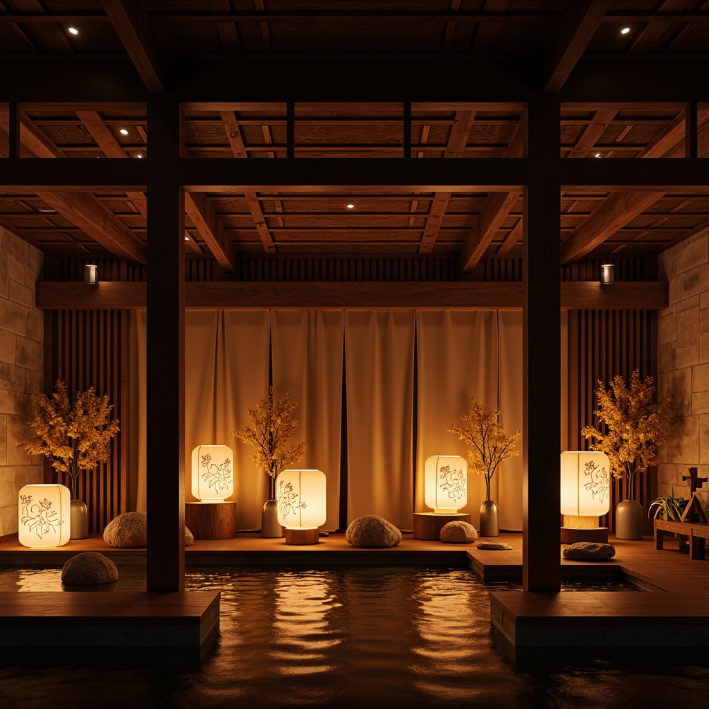 Prompt: Traditional Japanese lanterns, warm softbox lighting, subtle color temperatures, intimate stage settings, ornate wooden carvings, luxurious silk drapes, subtle shadows, dramatic spotlighting, delicate paper lanterns, ambient LED lights, tranquil water features, natural stone walls, minimalist decor, subtle fragrance diffusers, serene atmosphere, 3/4 composition, shallow depth of field, panoramic view, realistic textures, ambient occlusion.