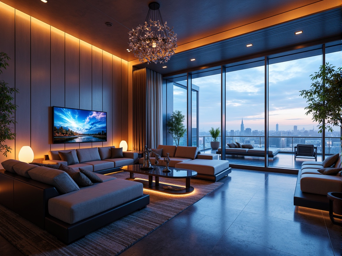 Prompt: Futuristic living room, sleek metallic walls, polished chrome accents, neon-lit ambient lighting, minimalist floor plan, modular sofas, levitating coffee tables, holographic TVs, virtual reality gaming stations, 3D-printed decorative sculptures, iridescent glass chandeliers, LED strip flooring, automated sliding doors, smart home automation systems, futuristic cityscape views, panoramic windows, shallow depth of field, 1/2 composition, cinematic lighting, realistic reflections.