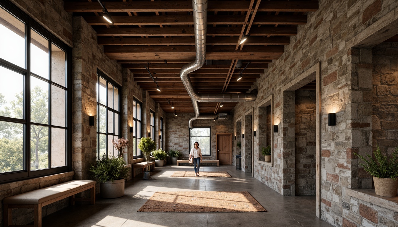 Prompt: Rough stone walls, wooden accents, metallic frames, glass facades, concrete floors, industrial pipes, exposed ductwork, reclaimed wood ceilings, natural fiber rugs, earthy tone color palette, warm ambient lighting, shallow depth of field, 2/3 composition, dramatic shadows, realistic materials, subtle texture variations.