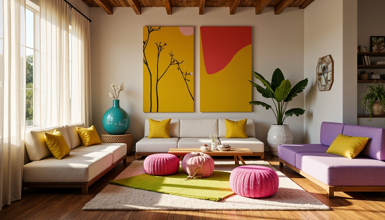 Prompt: Vibrant yellow throw pillows, bold turquoise vases, rich coral wall art, bright citrus-green rugs, playful fuchsia ottomans, soft lavender duvets, warm golden lighting, eclectic bohemian decor, natural wood furniture, textured woven baskets, abstract geometric patterns, modern minimalist space, airy open layout, abundant natural light, soft gentle shadows, 1/1 composition, realistic textures, ambient occlusion.