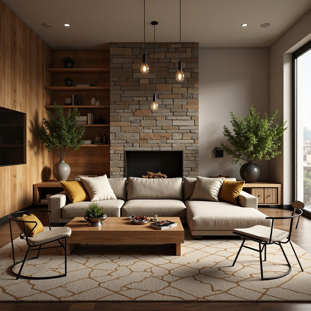 Prompt: Mid-century modern living room, sleek wooden coffee table, plush velvet sofa, minimalist metal armchairs, industrial-chic pendant lamps, geometric-patterned area rug, reclaimed wood accent wall, natural stone fireplace, warm beige color scheme, soft diffused lighting, atmospheric ambiance, 1/1 composition, realistic textures, subtle depth of field.