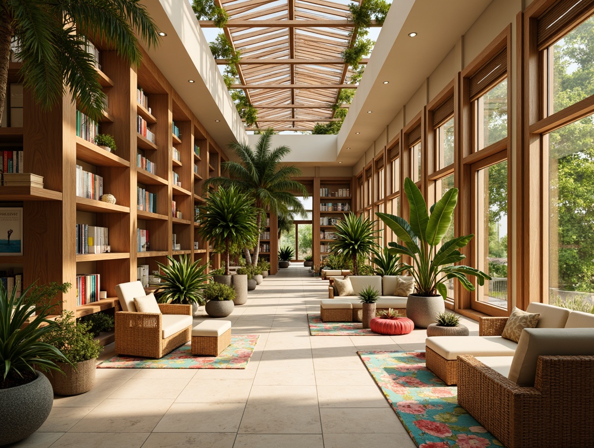 Prompt: Vibrant tropical library, warm beige walls, rich wood accents, lush green plants, colorful floral patterns, woven bamboo furniture, soft golden lighting, comfortable reading nooks, ocean-inspired decor, coral-colored bookshelves, natural fiber rugs, calming turquoise hues, airy open spaces, minimal ornamentation, refreshing citrus scents, warm sunny day, shallow depth of field, 3/4 composition, realistic textures, ambient occlusion.