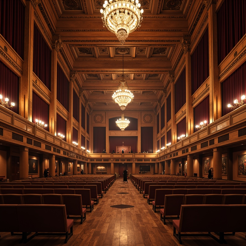 Prompt: Elegant music hall, rich wood paneling, ornate moldings, grand chandeliers, velvet drapes, acoustic soundproofing, polished wooden floors, luxurious seating areas, intimate performance spaces, warm ambient lighting, 1/2 composition, shallow depth of field, realistic textures, soft focus, atmospheric mist, subtle color grading.