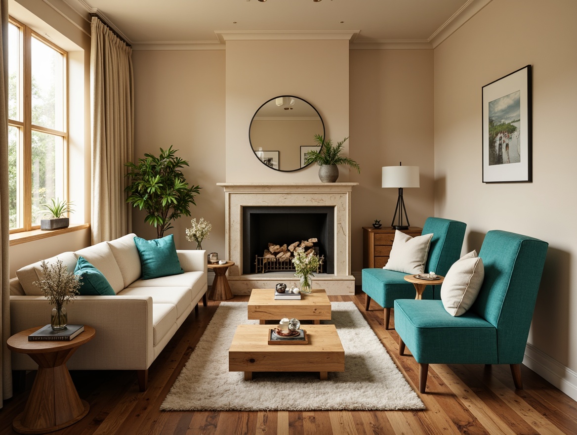 Prompt: Cozy living room, warm beige walls, rich walnut wood floors, plush velvet sofas, soft golden lighting, calming turquoise accents, natural stone fireplace, modern minimalist decor, cream-colored curtains, subtle patterned rugs, elegant chrome fixtures, sophisticated neutral tones, inviting atmosphere, shallow depth of field, 1/1 composition, realistic textures.