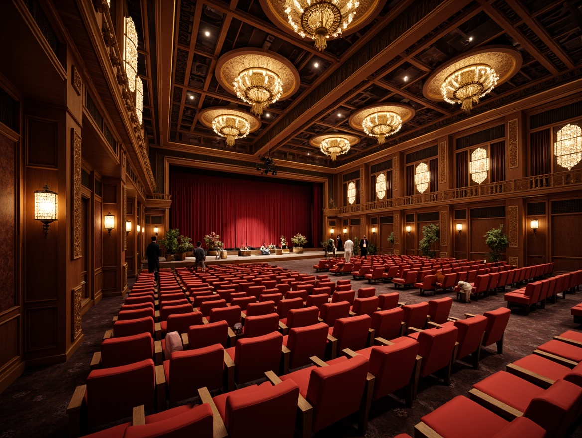 Prompt: Traditional Asian-style auditorium, intricately carved wooden seats, crimson red upholstery, golden accents, ornate lanterns, grand chandeliers, majestic stage curtains, subtle lighting effects, soft warm glow, shallow depth of field, 3/4 composition, panoramic view, realistic textures, ambient occlusion, curved rows of seating, spacious aisles, elegant legroom, luxurious velvet drapes, Eastern-inspired motifs, cultural heritage elements, serene ambiance.