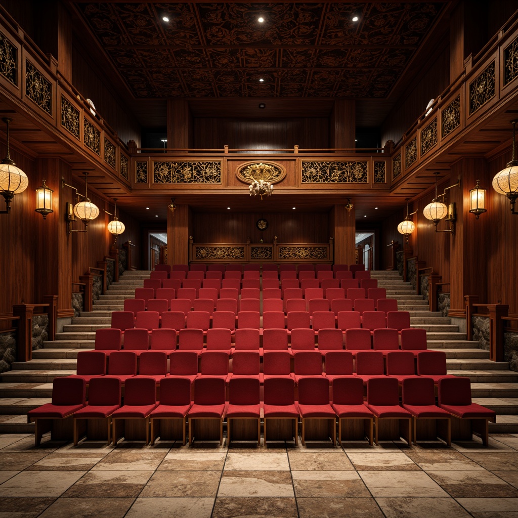 Prompt: Traditional Asian-inspired auditorium, tiered seating arrangement, rich wood tones, intricately carved wooden panels, crimson red velvet seats, golden accents, ornate lanterns, subtle lighting effects, soft warm glow, shallow depth of field, 1/1 composition, symmetrical balance, harmonious proportions, natural stone flooring, subtle patterned rugs, minimalist decorations, elegant simplicity, serene ambiance, warm inviting atmosphere.