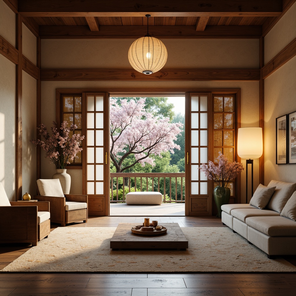 Prompt: Traditional Japanese sliding doors, natural wood accents, woven bamboo textures, rice paper lanterns, subtle cherry blossom patterns, warm beige walls, rich walnut furniture, intricate Oriental rugs, golden bronze hardware, soft silk fabrics, delicate ceramic vases, gentle candlelight, serene nature-inspired colors, muted greenery, tranquil atmosphere, shallow depth of field, 1/2 composition, realistic textures, ambient occlusion.