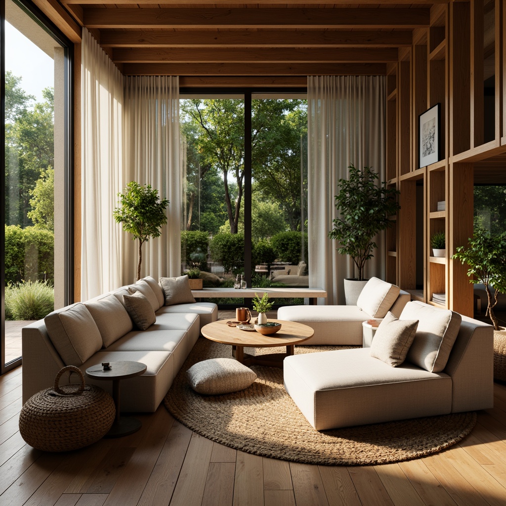 Prompt: Cozy living room, plush sofas, oversized armchairs, soft cushions, warm lighting, wooden flooring, natural textiles, woven baskets, earthy color palette, minimal ornamentation, tranquil atmosphere, relaxed seating poses, intimate conversation areas, circular coffee tables, lush greenery, floor-to-ceiling windows, sheer curtains, gentle breezes, soft background music, 1/2 composition, subtle shadows, warm color grading.