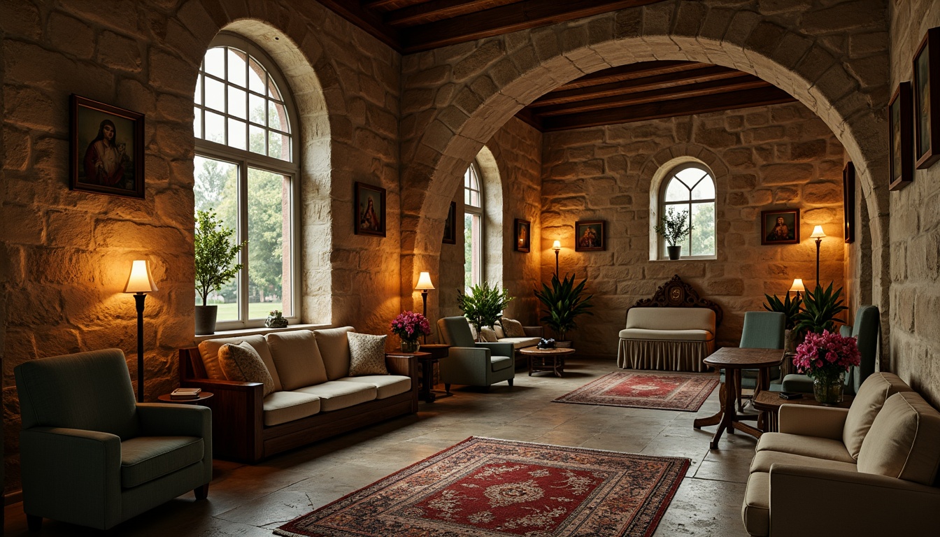 Prompt: Weathered stone walls, distressed wooden accents, soft candlelight, rustic monastery architecture, earthy terracotta tones, muted sage greens, creamy whites, worn velvet fabrics, ornate metalwork details, vintage religious artifacts, mystical ambiance, warm golden lighting, shallow depth of field, 1/1 composition, realistic textures, ambient occlusion.