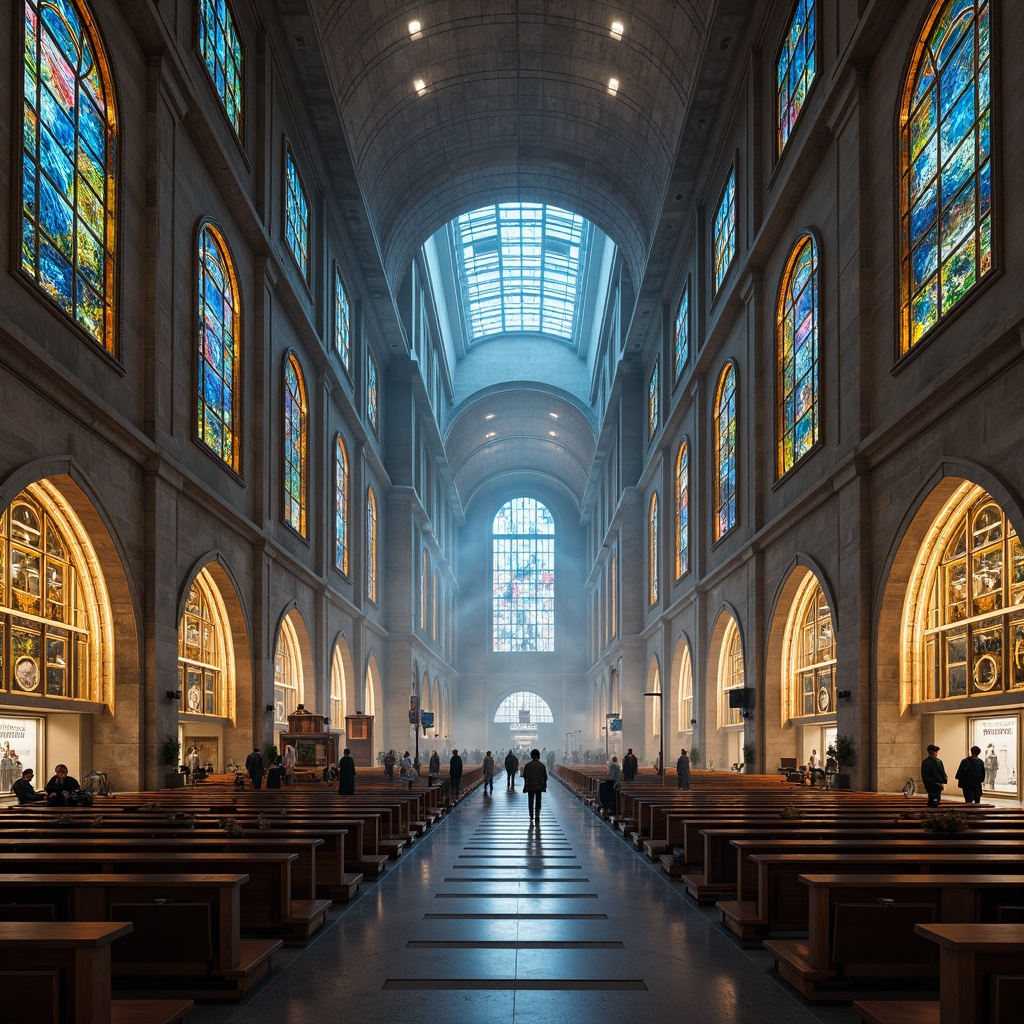 Prompt: Futuristic cathedral, intricately patterned stone walls, metallic accents, iridescent stained glass windows, ornate golden details, sleek minimalist pews, ambient soft lighting, shallow depth of field, 3/4 composition, panoramic view, realistic textures, ambient occlusion, geometric arches, ribbed vaults, grandiose entrance, atmospheric mist, ethereal ambiance, holographic projections, neon-lit accents, cyberpunk influences, sacred artifacts, mysterious relics, ancient tomes, mystical murals, dreamlike scenery.